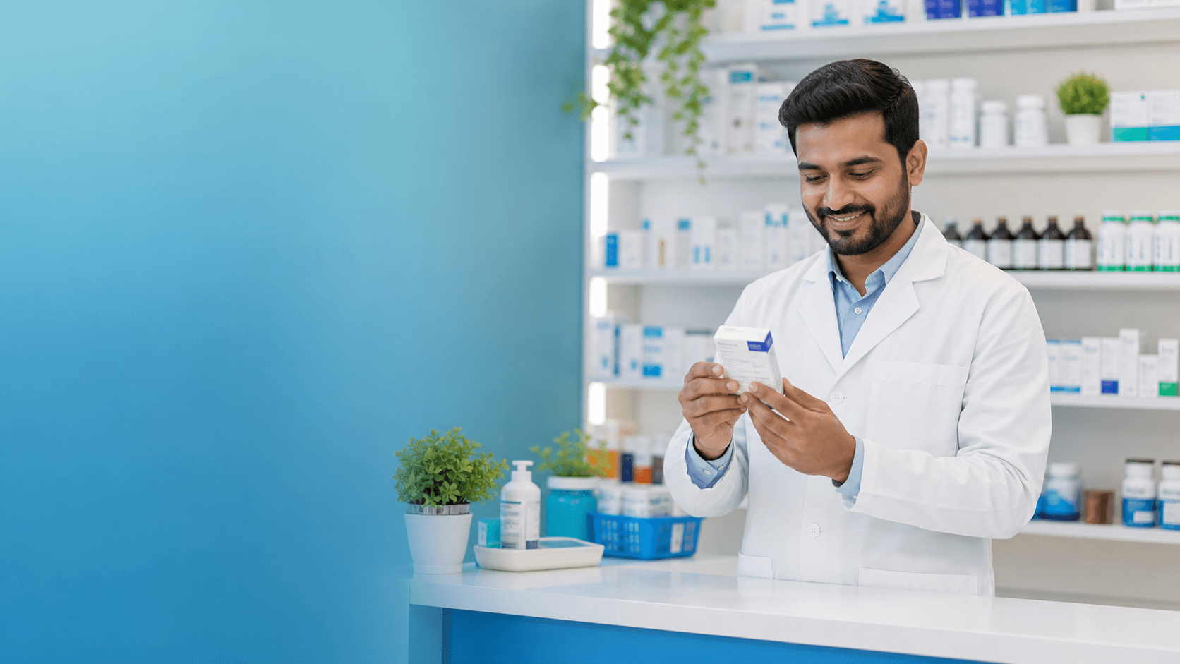 Pharmacist carefully reviewing a medicine pack